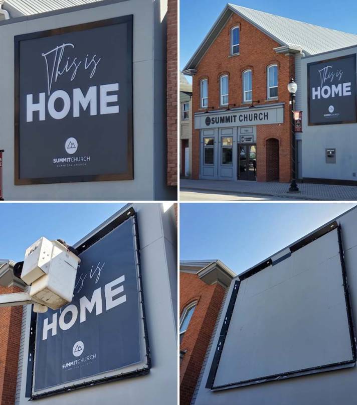 A collage of four images showing a large Summit Church wall sign being installed and the blank rear panel.
