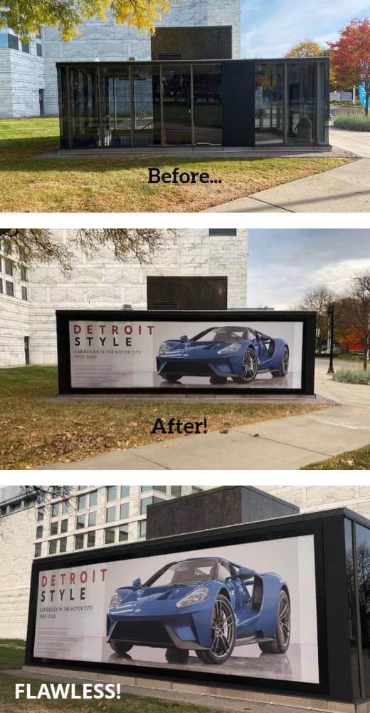 Before-and-After-BannerFrame-Installation-1 Tough as Detroit... Perfect as Fine Art!