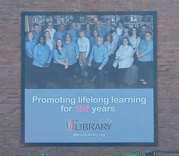 Marion_Public_Library_Lind_BannerFrame_Hinge_136_anniversary_marketing_message Does Your Banner System Let Your Client Keep Up With Their Marketing Calendar? Lind's Does.